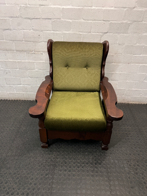 Vintage Wooden Armchair with Olive Green Upholstery
