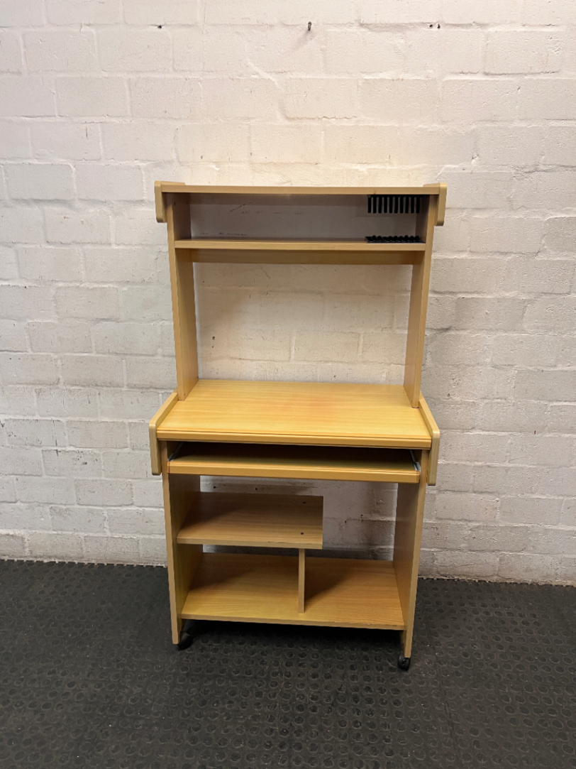 Light Oak Wood Computer Desk with Pull-Out Tray and Hutch — Minor Wear