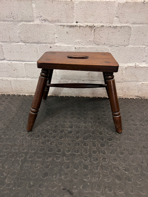Dark Wood Low Stool with Carry Handle — Minor Surface Wear and Leg Scuffing