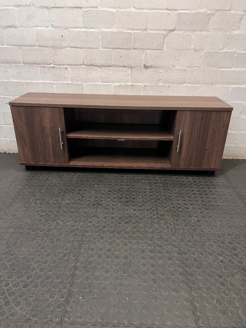Dark Wood-Look TV Unit with Two Side Cupboards — Fair Condition with Visible Wear