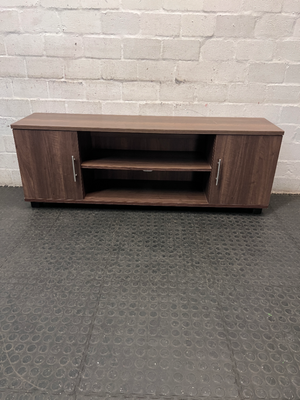 Dark Wood-Look TV Unit with Two Side Cupboards — Fair Condition with Visible Wear