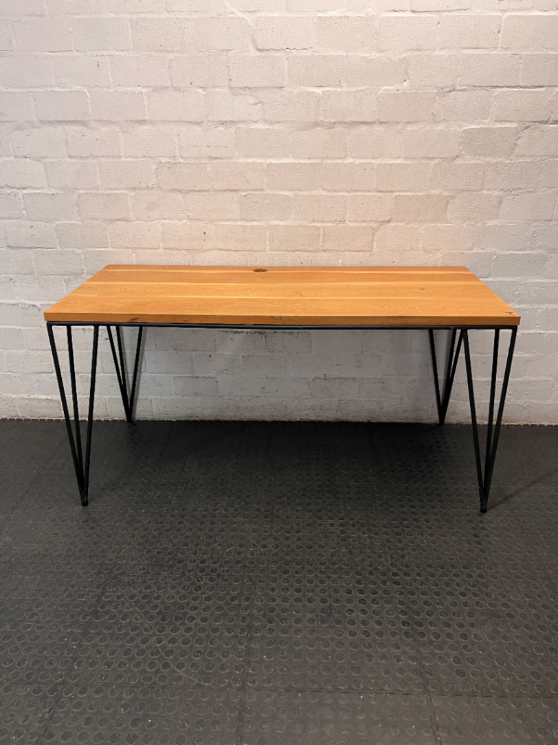 Rustic Wooden Office Desk with Black Hairpin Legs — Used; Fair Condition