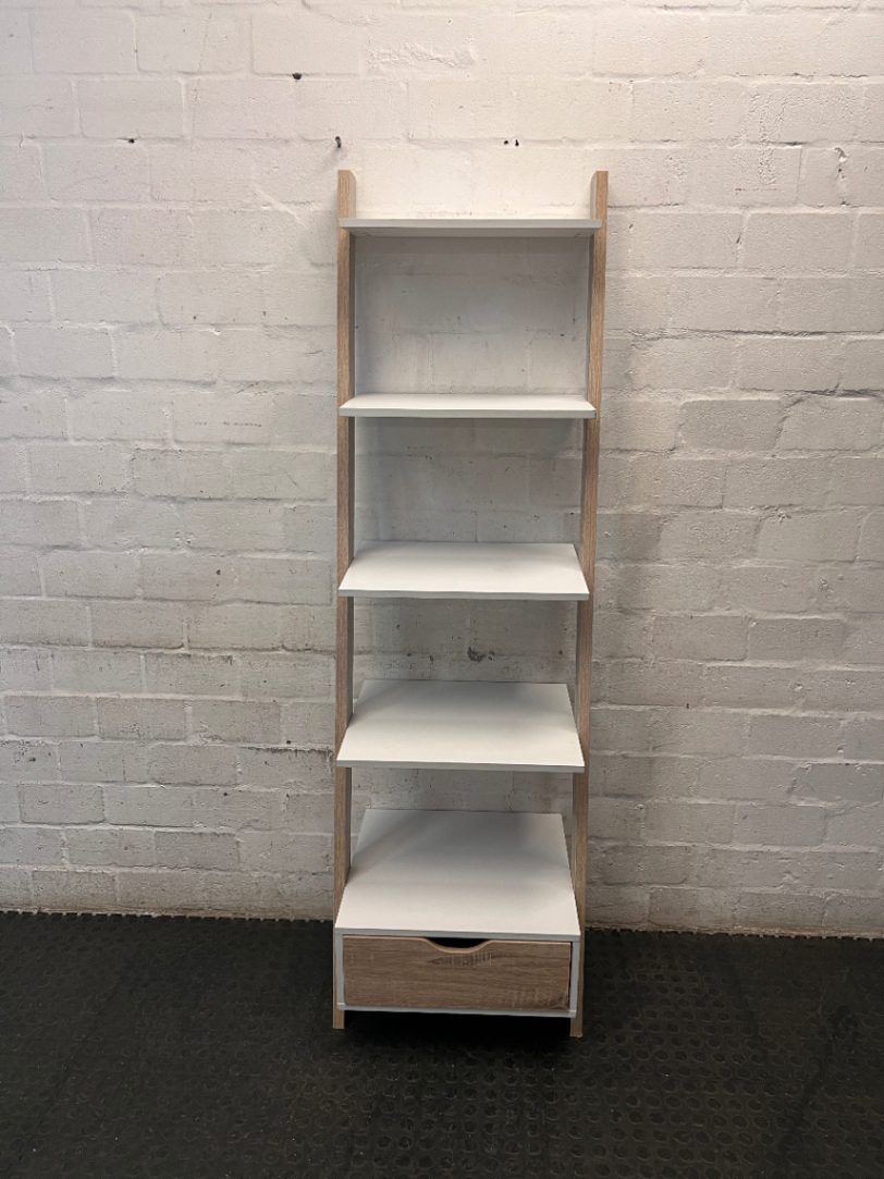 White and Light Wood Ladder Bookshelf with Drawer — General Wear and Maintenance