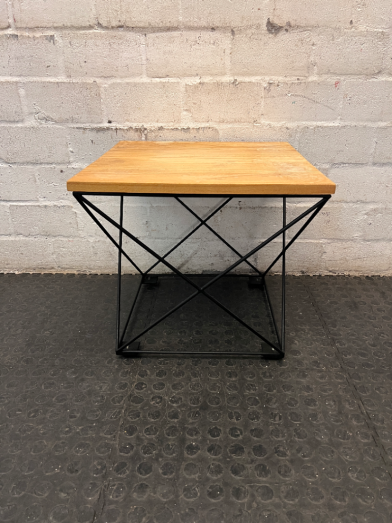 Industrial Style Square Side Table with Geometric Metal Base — Used; Fair Condition