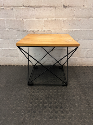 Industrial Style Square Side Table with Geometric Metal Base — Used; Fair Condition