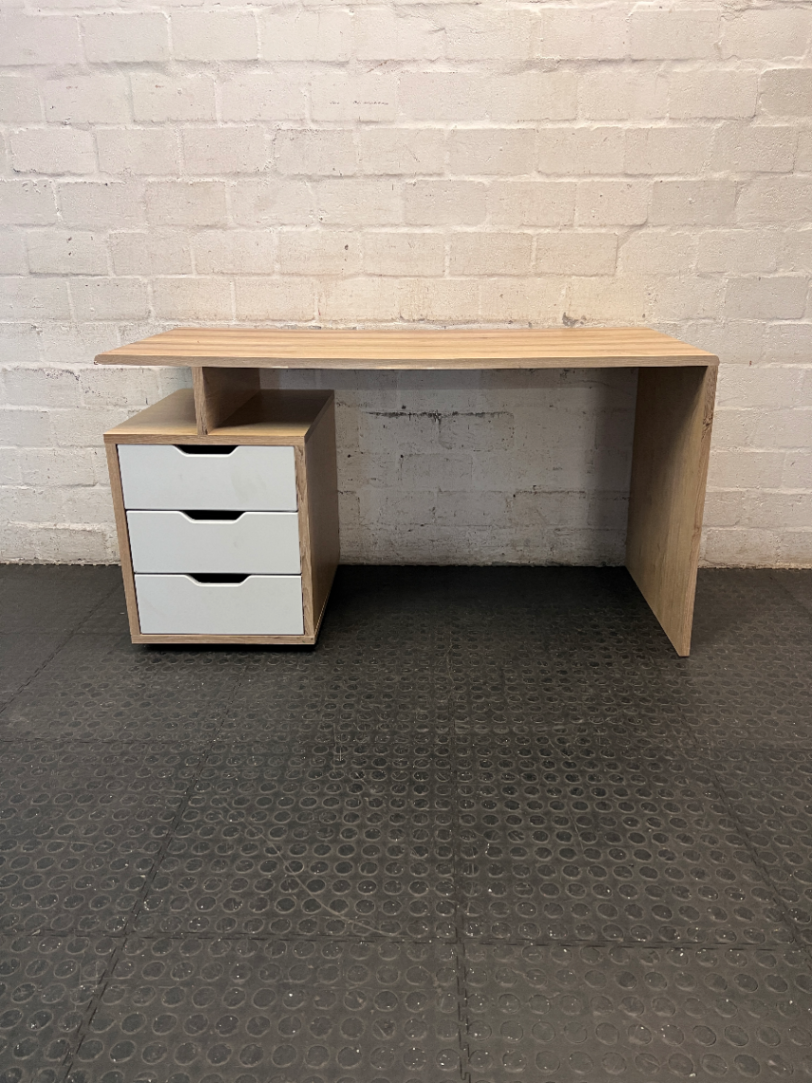 Modern Oak and White Office Desk with Drawers — Used; Fair Condition
