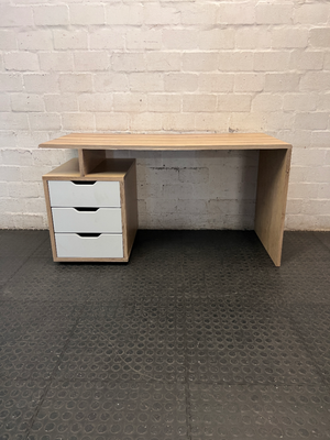 Modern Oak and White Office Desk with Drawers — Used; Fair Condition