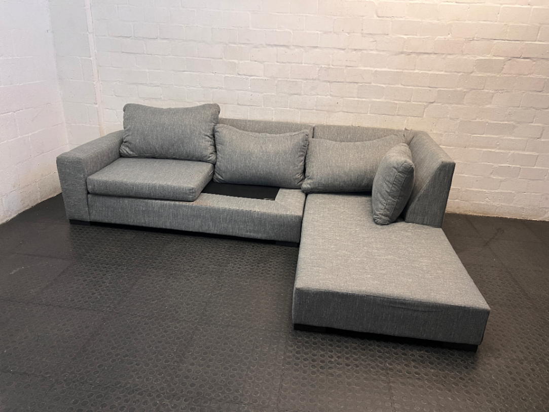 Grey Textured Fabric L-Shape Couch with Chaise — Missing Seat Cushion