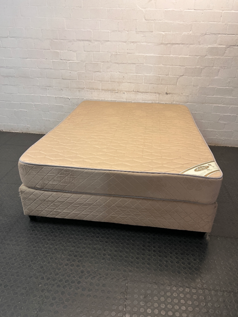 Extra Length Queen Mattress and Base Set in Beige — Fair Condition with Visible Wear