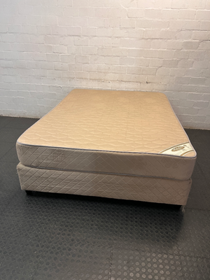Extra Length Queen Mattress and Base Set in Beige — Fair Condition with Visible Wear
