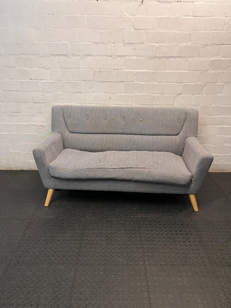 Grey Cotton 3 Seater Couch with Tapered Wood Legs — Spring Out; Functional Fair Condition