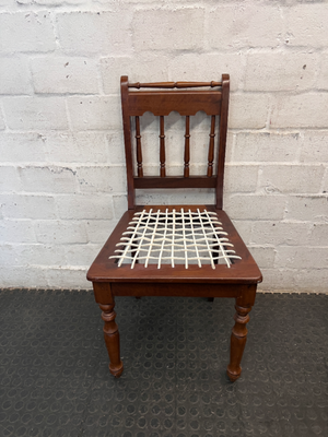 Traditional Brown Wooden Dining Chair with Woven Seat — Overall Good Condition