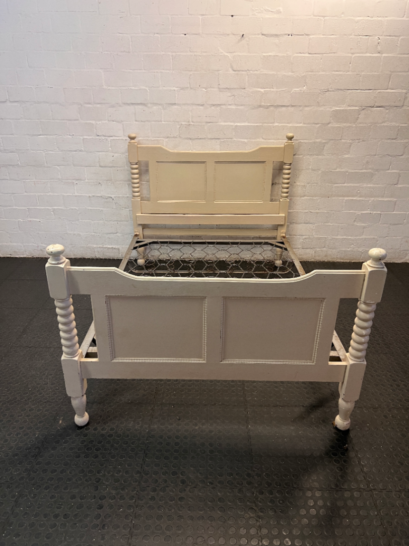 Vintage Style Cream Double Bed Frame with Spindle Posts — Fair Condition with Aged Finish and Base Patina