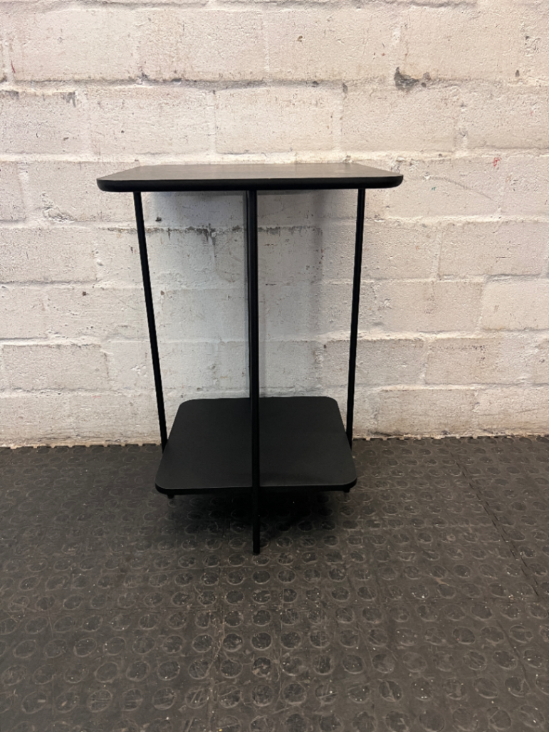 Black Minimalist Tiered Side Table — Fair Used Condition with Surface Wear