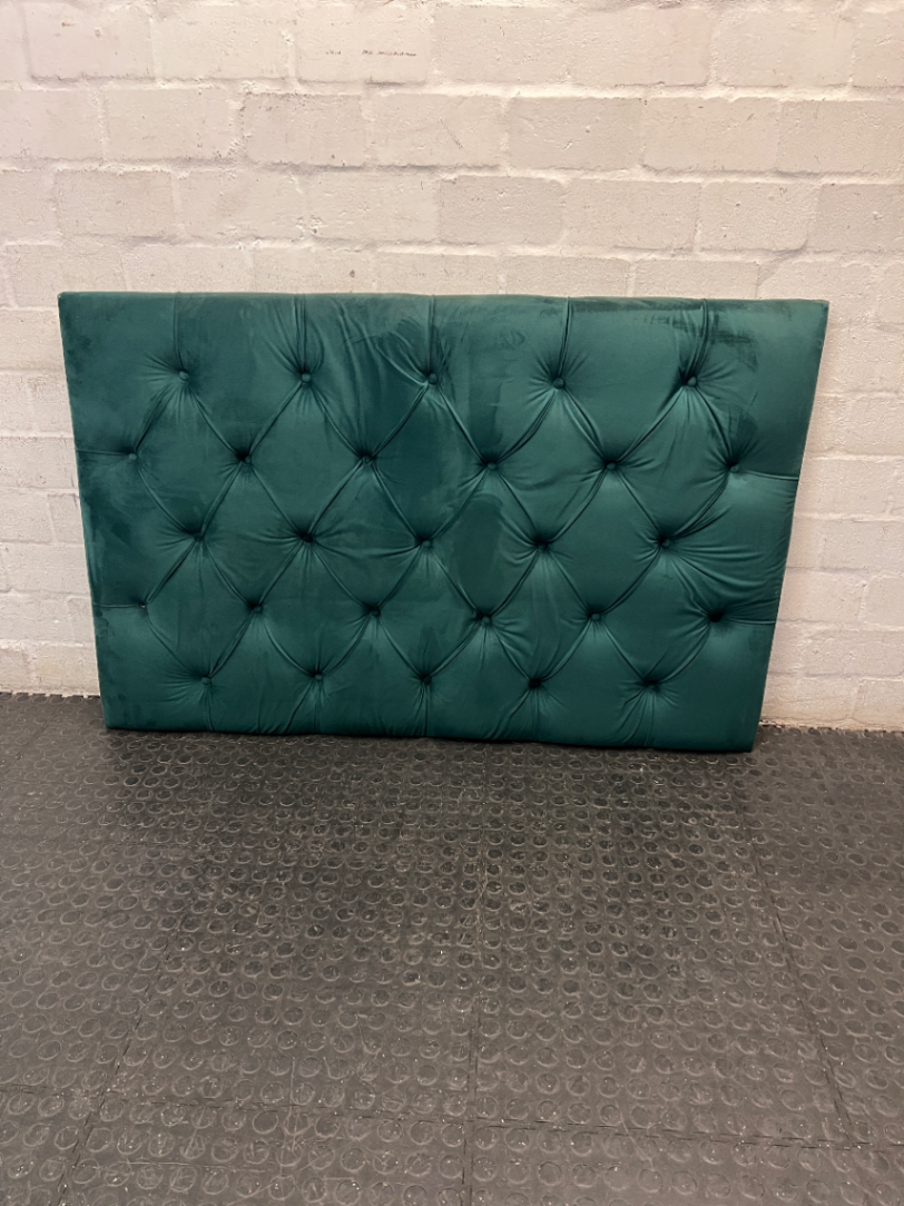 Button-Tufted Green Fabric Double Headboard — Damaged Structure and Broken Legs
