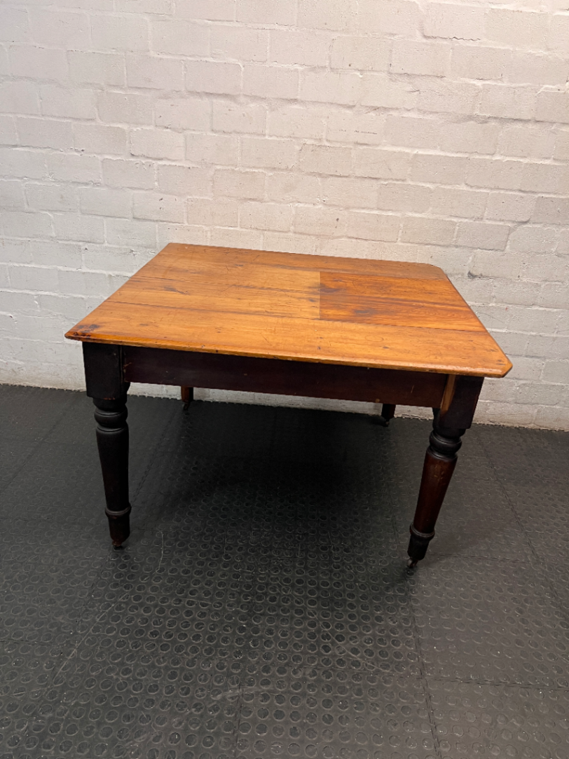 Vintage Wooden Dining Table with Turned Legs — Well Used with Significant Surface Wear