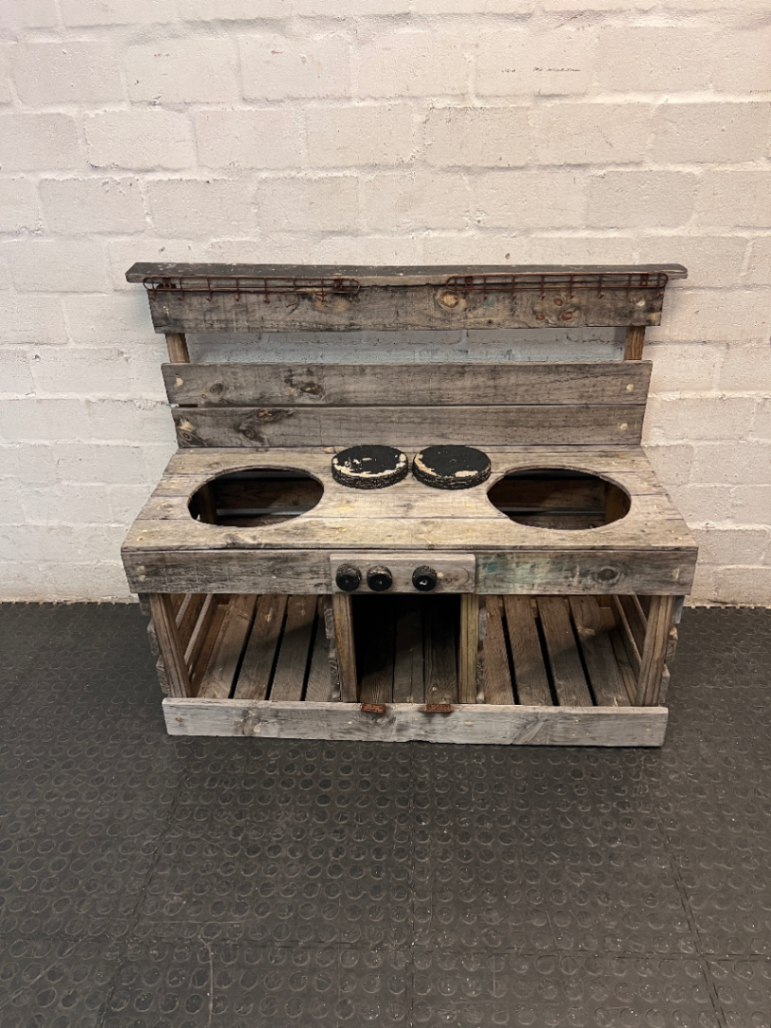Rustic Grey Wooden Kids Mud Kitchen — Old and Weathered Condition