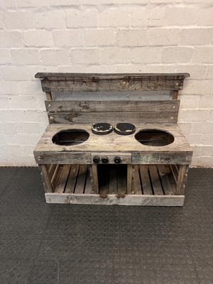 Rustic Grey Wooden Kids Mud Kitchen — Old and Weathered Condition