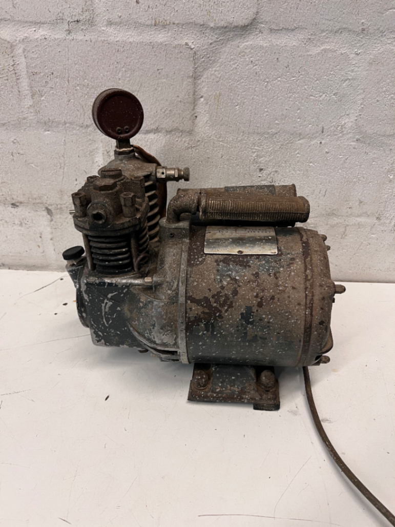 Vintage Portable Air Compressor with Pressure Gauge — Significant Wear and Surface Corrosion