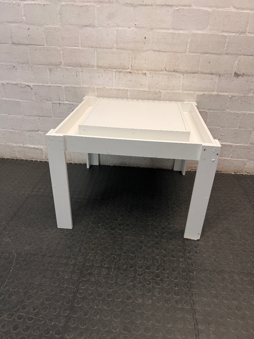 White Painted Wooden Kids Activity Table — Missing Screw Covers with Exposed Nail Heads