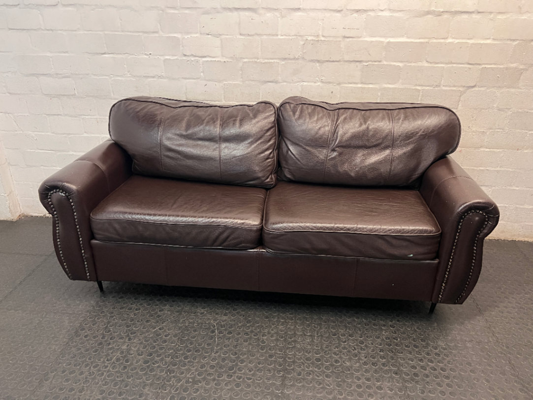 Dark Brown 3 Seater Couch with Stud Detail — Clean and Well Maintained