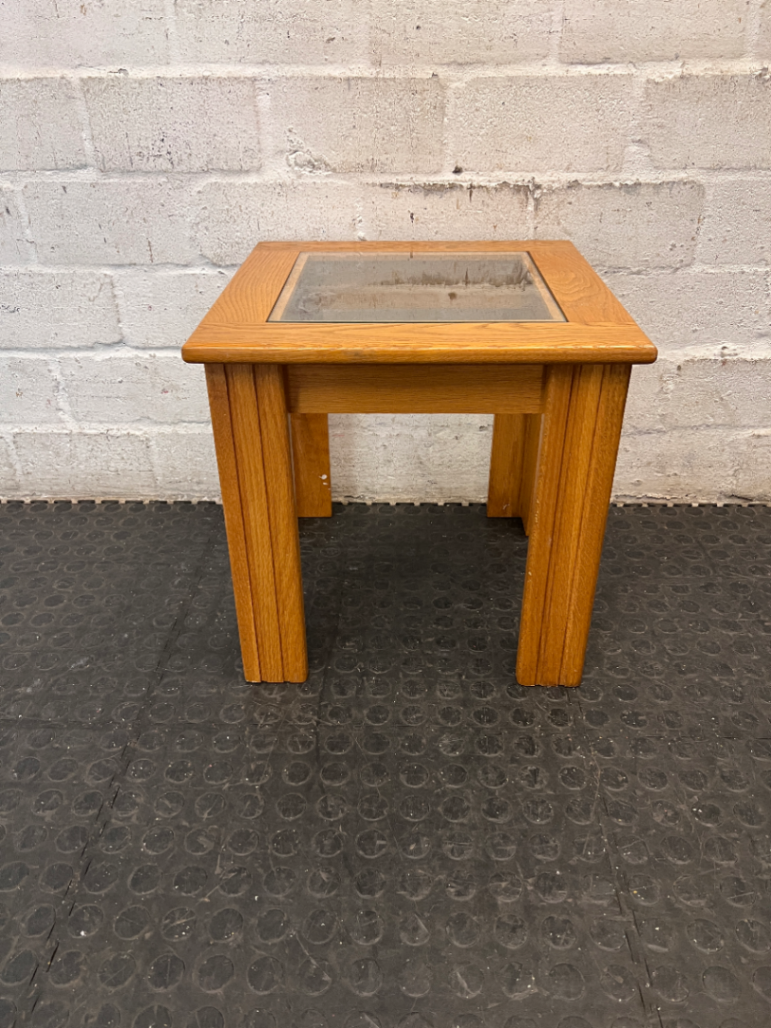 Oak-Toned Side Table with Inset Glass Top — Very Good Condition