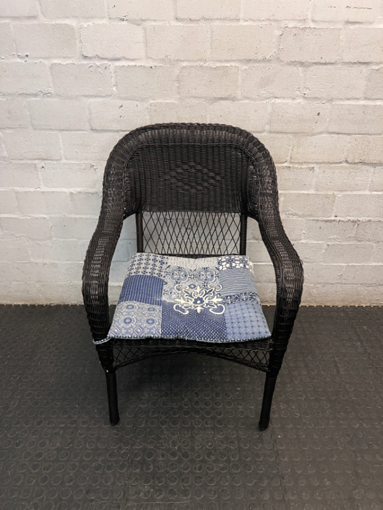 Dark Wicker Armchair with Patterned Cushion - 2ndhandwarehouse.com