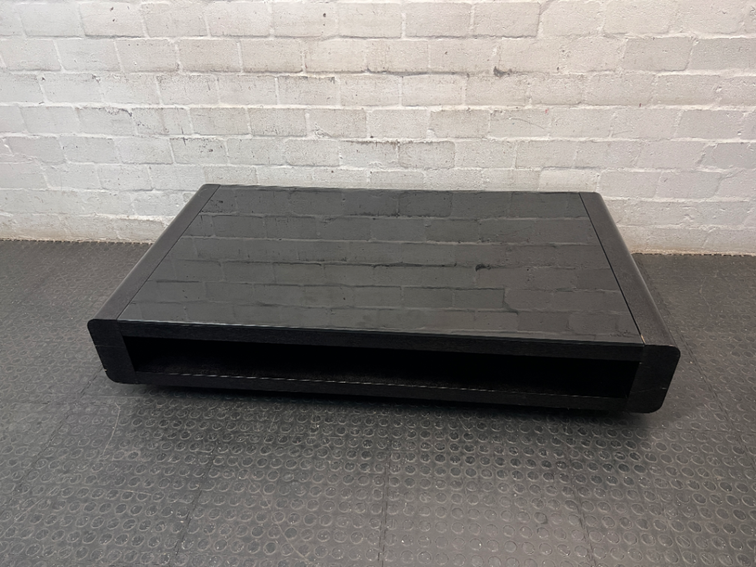 Black Low-Profile Coffee Table with Glass Top — Good Working Order