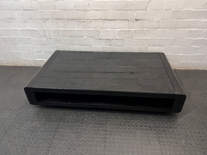 Black Low-Profile Coffee Table with Glass Top — Good Working Order