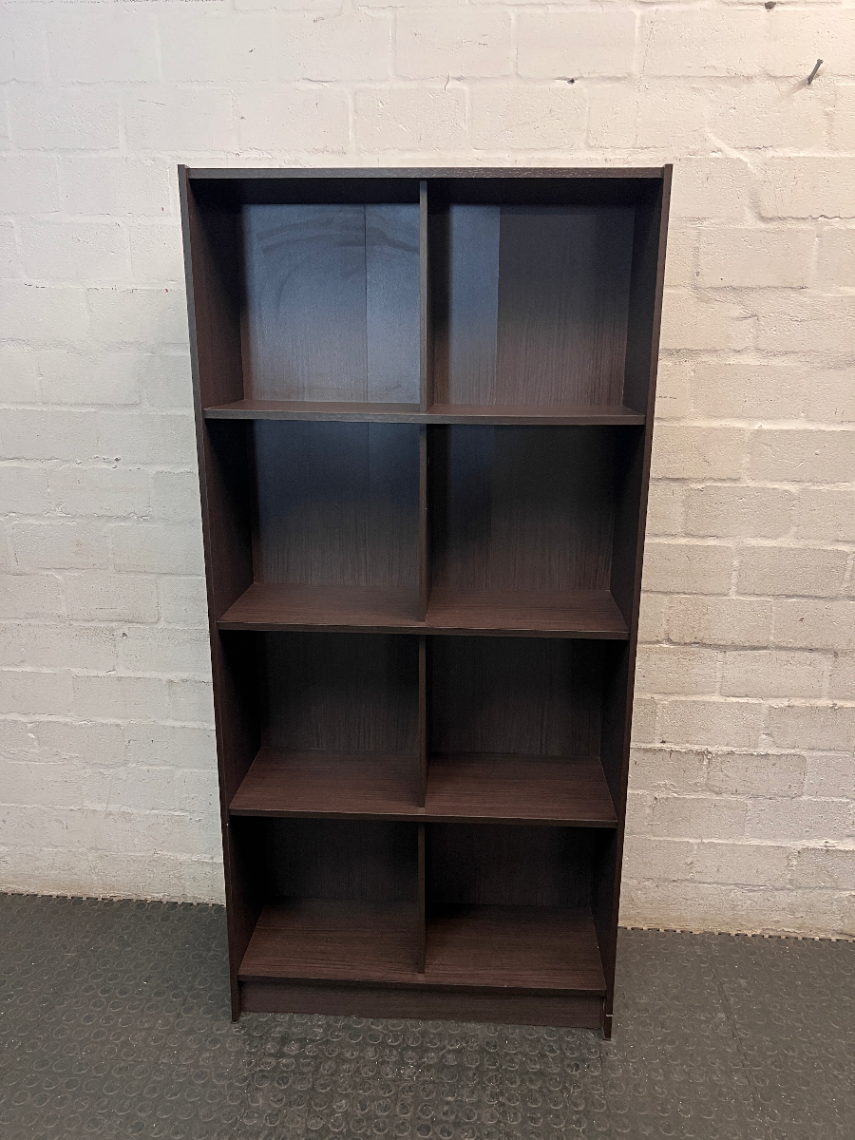 Dark Wood-Grain Laminate 8-Cubby Bookshelf — Good Working Order