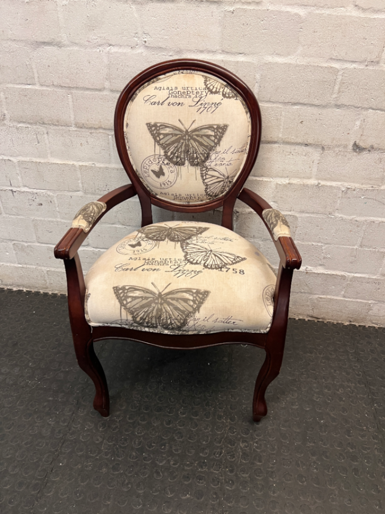 Vintage Style Butterfly Print Upholstered Armchair — Structural Damage and Wear