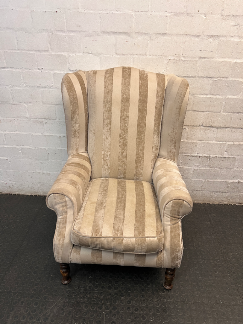 Striped Fabric Beige Wingback Chair — Good Condition