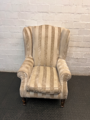 Striped Fabric Beige Wingback Chair — Good Condition