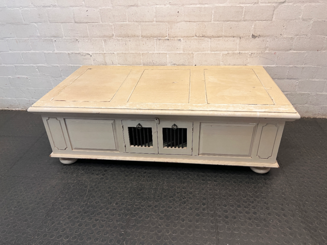 Cream Panelled Wood Coffee Table with Bun Feet — Visible Wear and Paint Chipping
