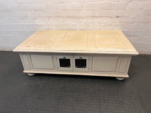 Cream Panelled Wood Coffee Table with Bun Feet — Visible Wear and Paint Chipping