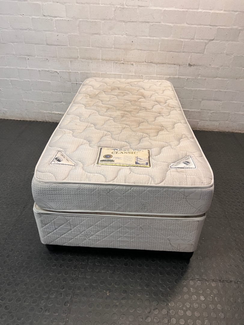 White Single Bed Base Set — Visible Staining on Mattress Top