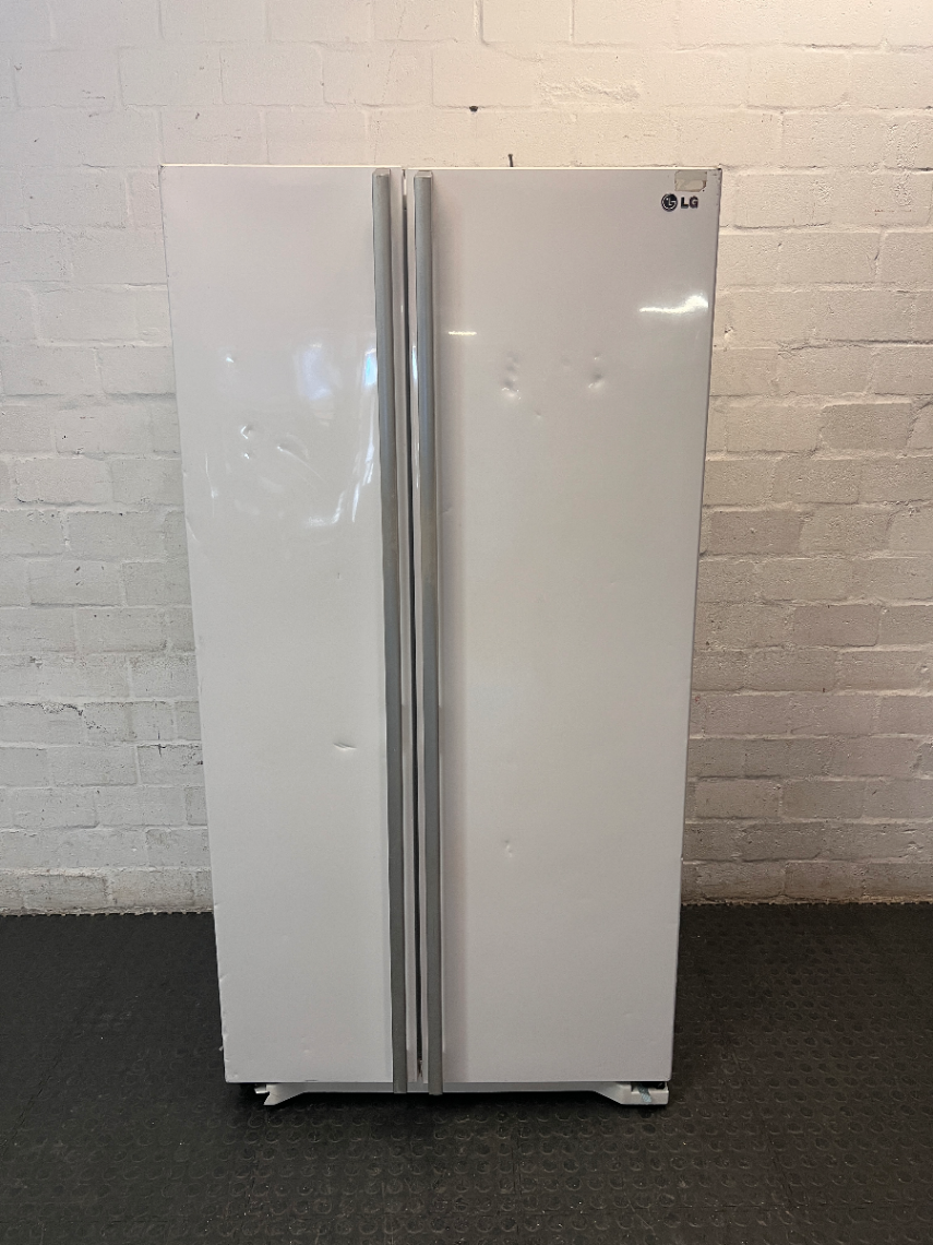 White LG Side-by-Side Fridge Freezer — Good Working Order with Dents on Doors