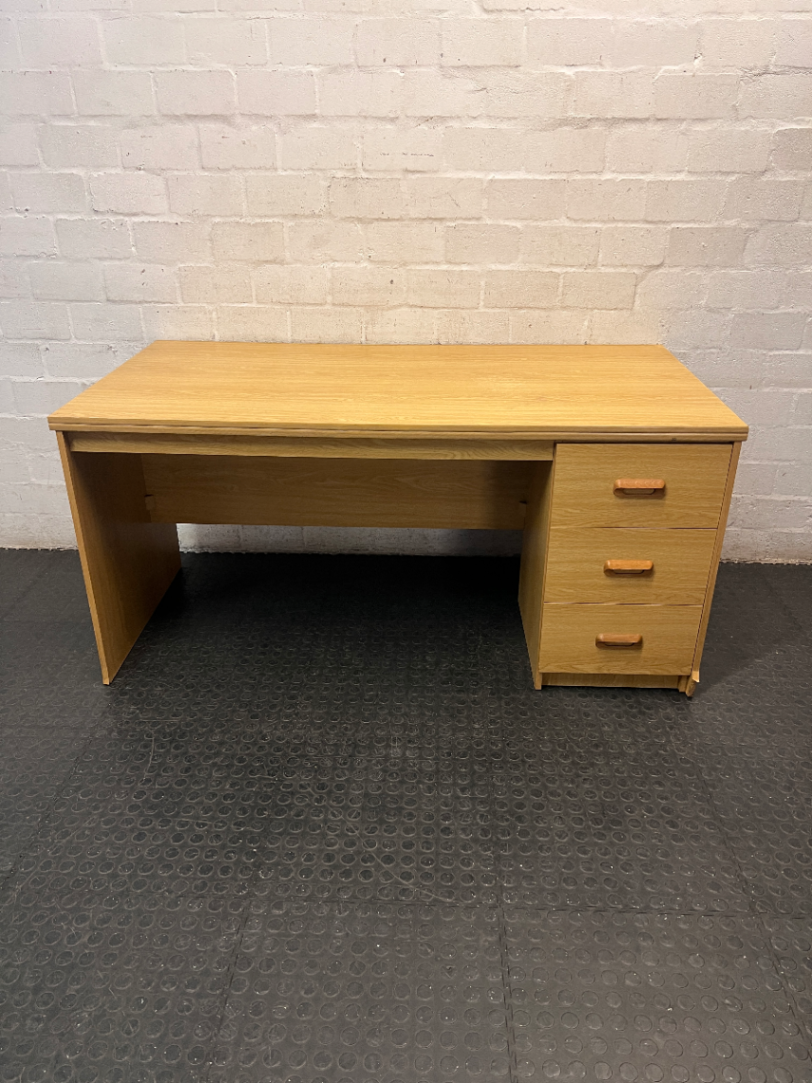 Light Oak Finish Office Desk with 3 Drawers — Good Used Condition