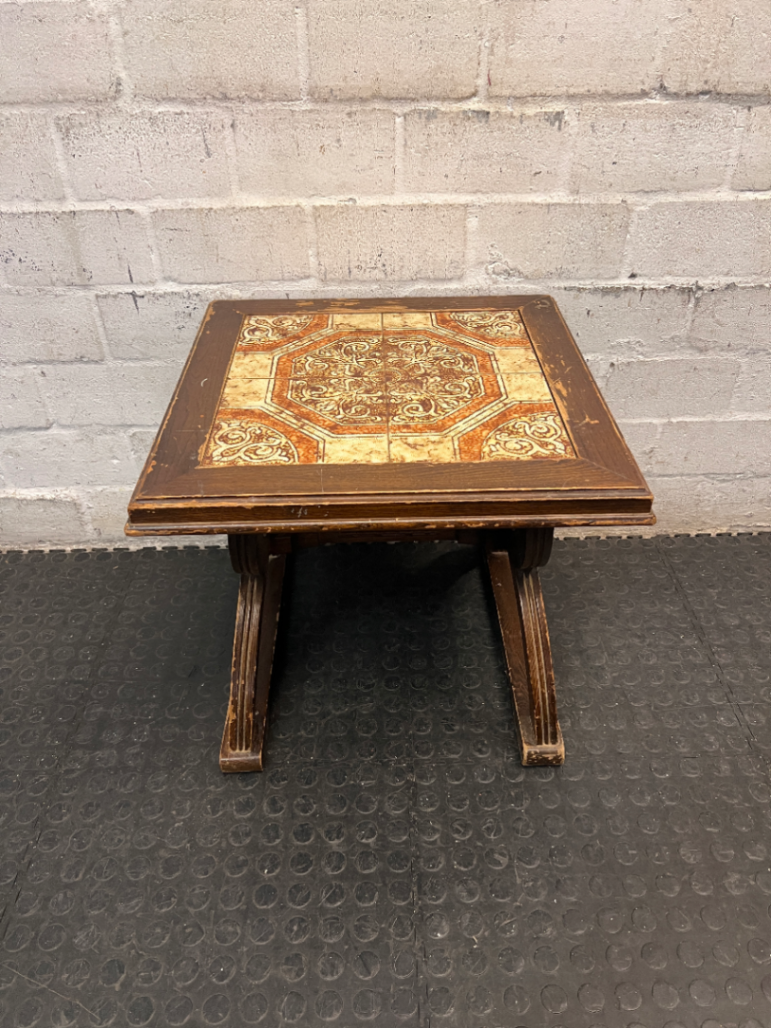 Vintage-Style Tiled Top Wooden Side Table — Significant Surface Wear and Scuffing