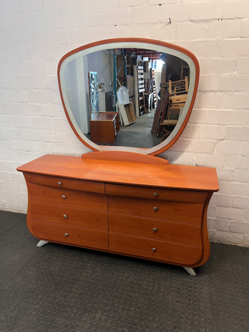 Curved Wooden Dressing Table with Large Mirror — Good Condition