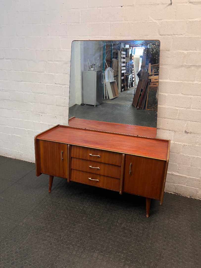 Mid-Century Style Wooden Dressing Table with Large Mirror — Worn Condition Throughout