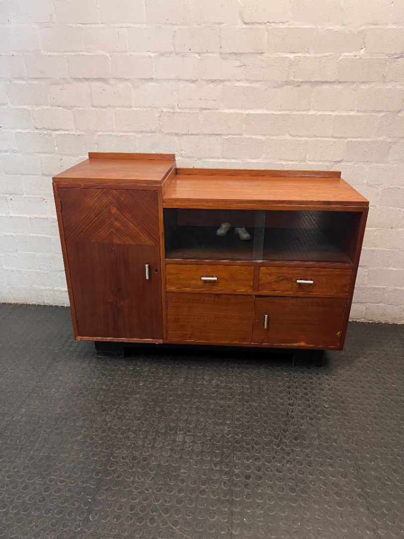 Tiered Wooden Sideboard with Glass Display Cabinet — Well Used with Visible Wear