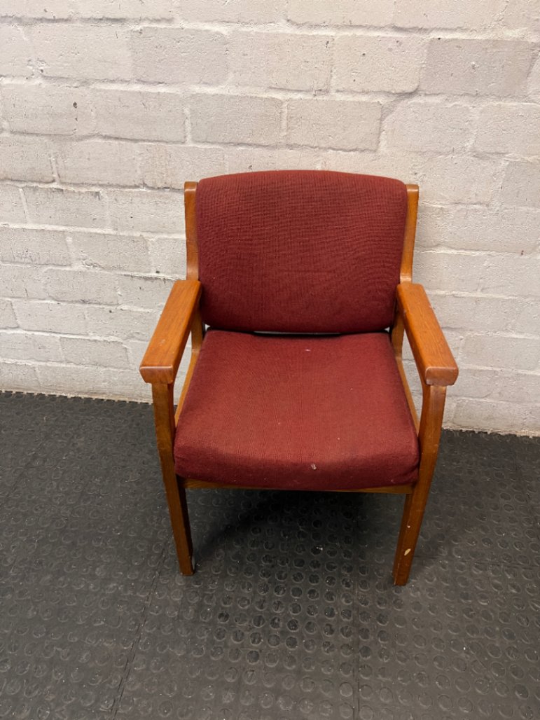 Red Fabric and Wood Office Chair — Well Used with Visible Wear and Scuffs