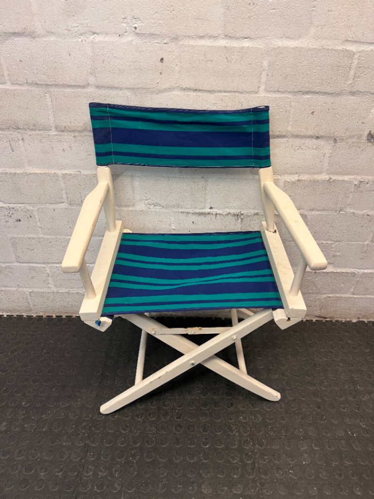 Striped Wooden Folding Director Chair — Worn Condition with Structural Use Wear