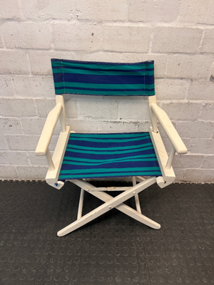 Striped Wooden Folding Director Chair — Worn Condition with Structural Use Wear
