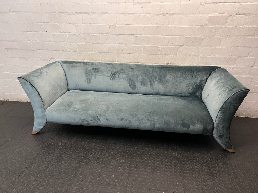 Green Suede-Style 3 Seater Couch with Flared Arms — Good Working Order