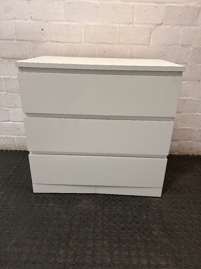 White Modern 3-Drawer Chest — Fair Condition with Surface Marks and Kickplate Crack