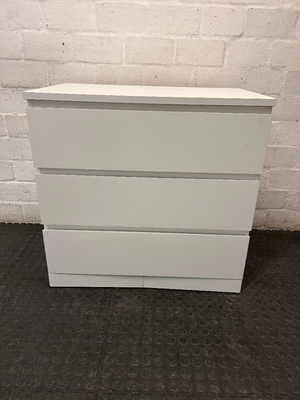 White Modern 3-Drawer Chest — Fair Condition with Surface Marks and Kickplate Crack