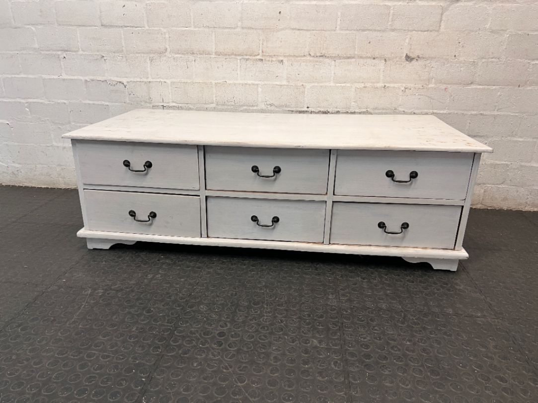 White Wooden Coffee Table with Through-Drawers — Surface Scratches and Missing Handle