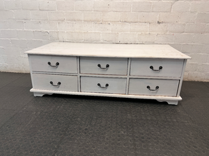 White Wooden Coffee Table with Through-Drawers — Surface Scratches and Missing Handle